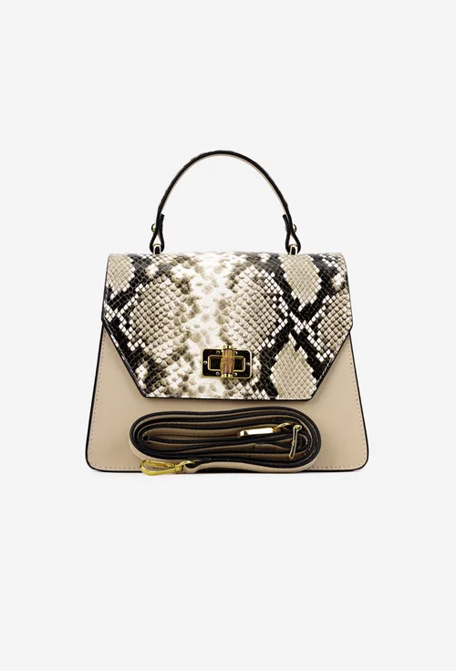 Poseta dama bej din piele naturala cu imprimeu snake print