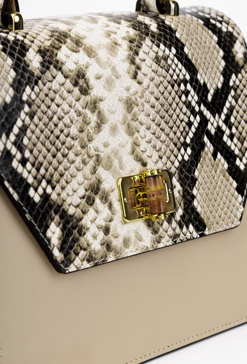 Poseta dama bej din piele naturala cu imprimeu snake print