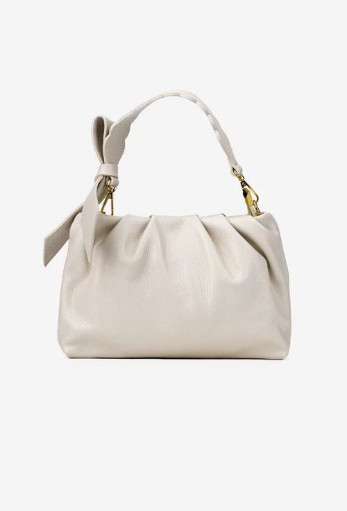 Poseta dama bej din piele texturata cu ornament funda