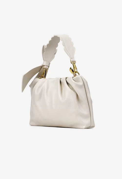 Poseta dama bej din piele texturata cu ornament funda