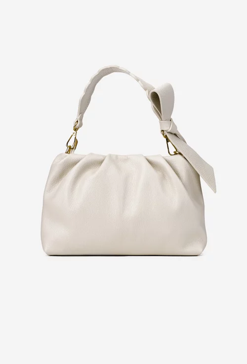 Poseta dama bej din piele texturata cu ornament funda