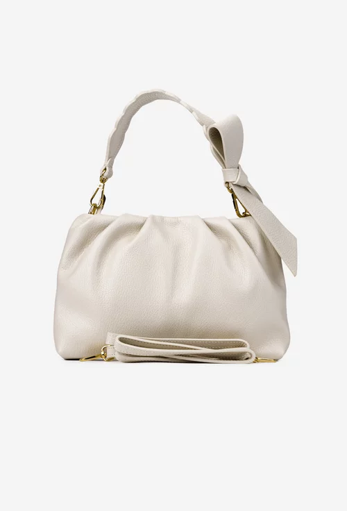 Poseta dama bej din piele texturata cu ornament funda