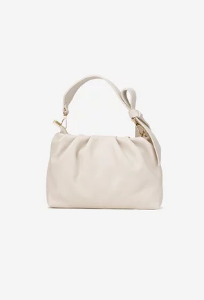 Poseta dama bej din piele texturata cu ornament funda