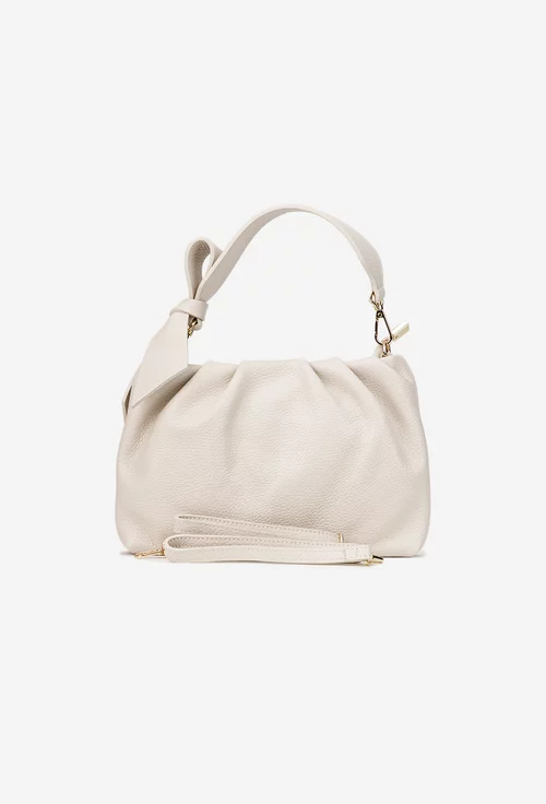 Poseta dama bej din piele texturata cu ornament funda