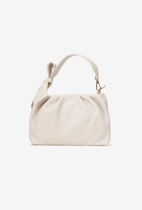 Poseta dama bej din piele texturata cu ornament funda