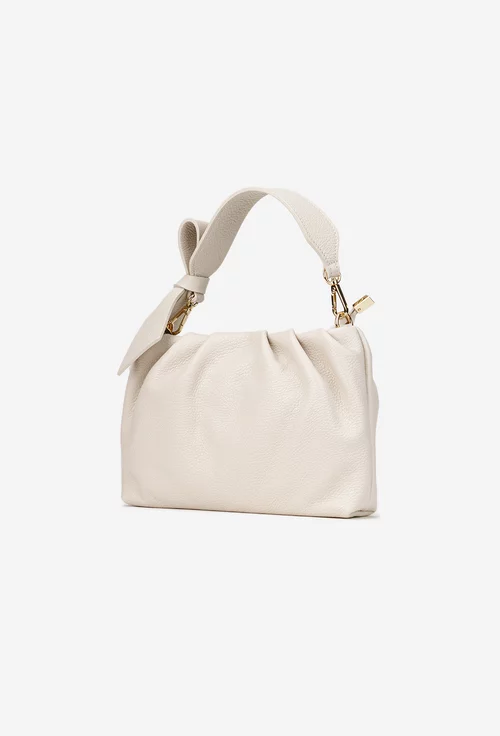 Poseta dama bej din piele texturata cu ornament funda