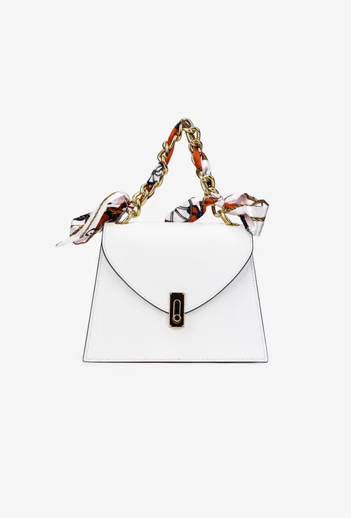 Poseta dama din piele alba cu ornament esarfa