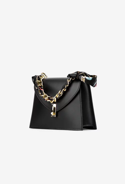 Poseta dama din piele neagra cu ornament esarfa