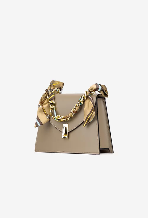 Poseta dama din piele taupe cu ornament esarfa