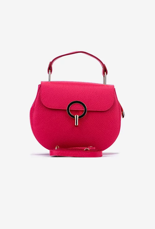 Poseta dama fuchsia din piele texturata cu detalii metalice aurii