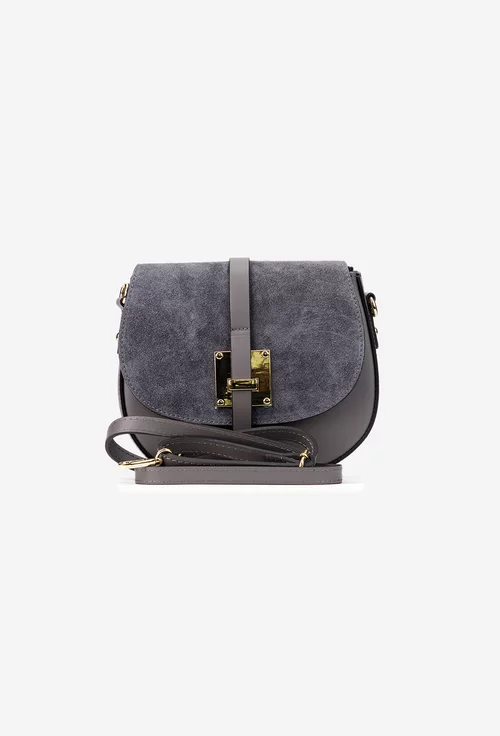 Poseta dama gri din piele cu clapeta din piele intoarsa