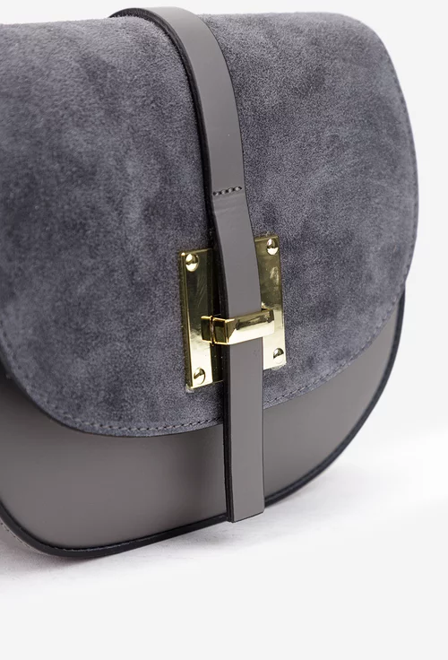 Poseta dama gri din piele cu clapeta din piele intoarsa