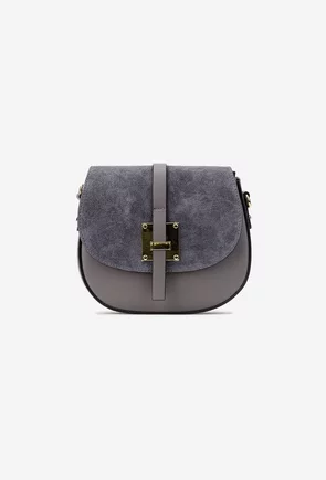 Poseta dama gri din piele cu clapeta din piele intoarsa