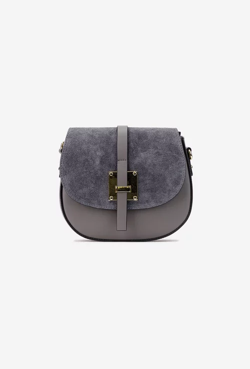 Poseta dama gri din piele cu clapeta din piele intoarsa