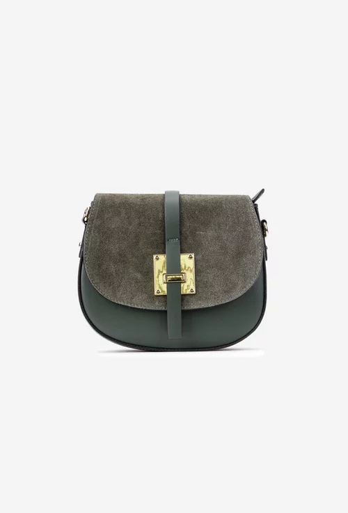 Poseta dama kaki din piele cu clapeta din piele intoarsa