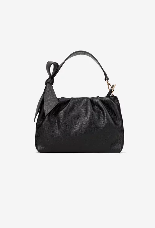 Poseta dama neagra din piele texturata cu ornament funda