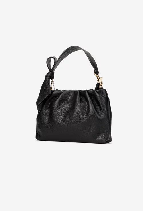 Poseta dama neagra din piele texturata cu ornament funda