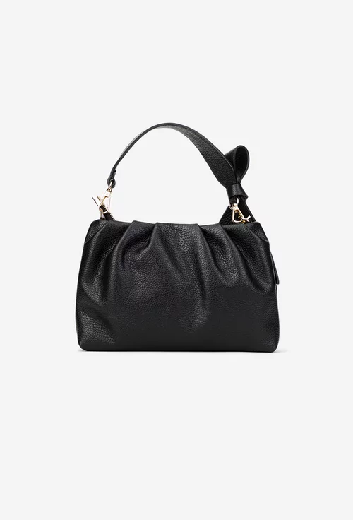 Poseta dama neagra din piele texturata cu ornament funda