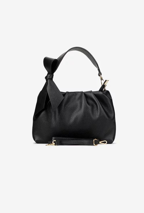 Poseta dama neagra din piele texturata cu ornament funda