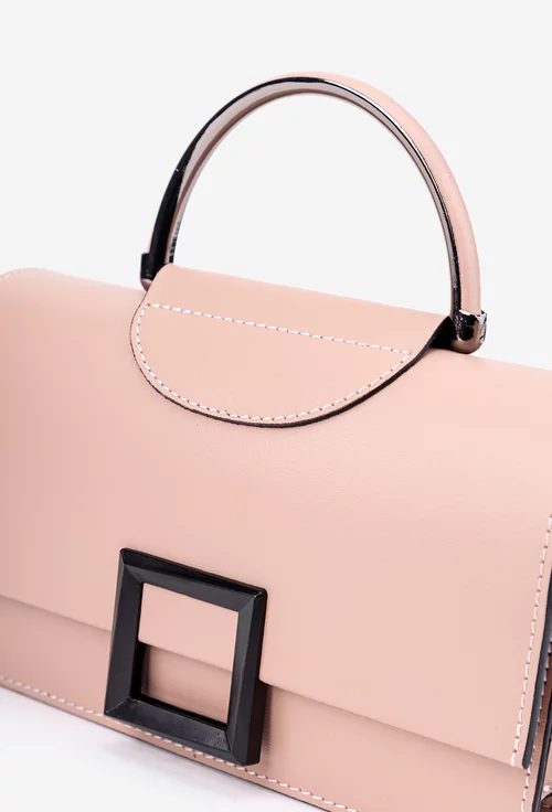 Poseta dama roz pudra din piele naturala cu detaliu negru