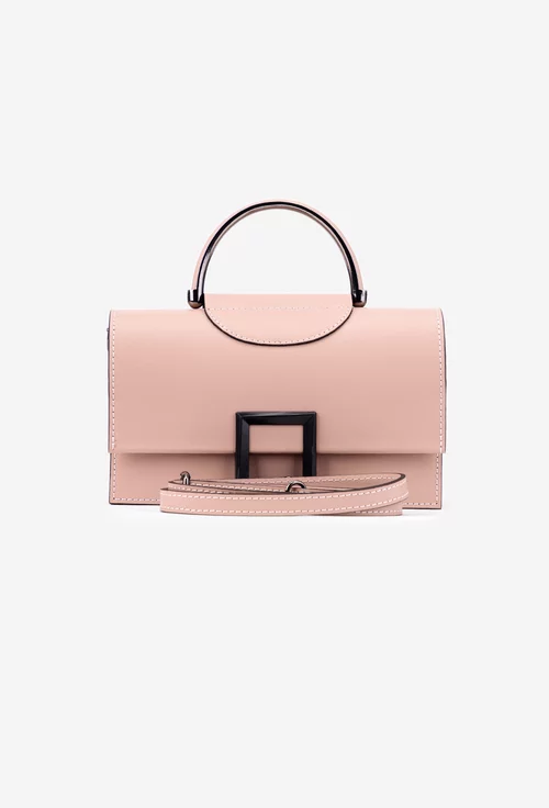 Poseta dama roz pudra din piele naturala cu detaliu negru