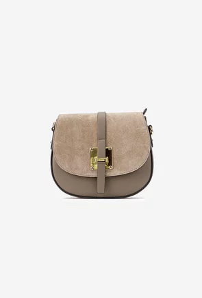 Poseta dama taupe din piele cu clapeta din piele intoarsa