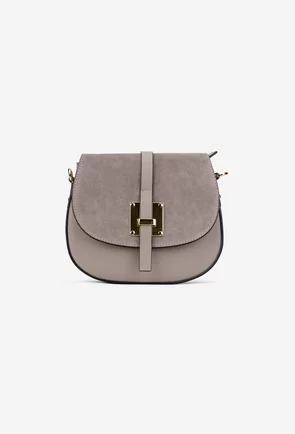 Poseta dama taupe din piele cu clapeta din piele intoarsa