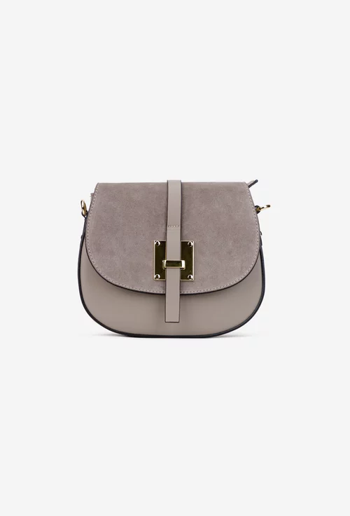 Poseta dama taupe din piele cu clapeta din piele intoarsa