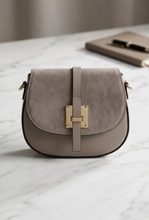 Poseta dama taupe din piele cu clapeta din piele intoarsa