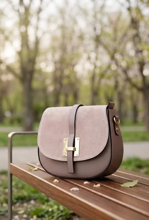 Poseta dama taupe din piele cu clapeta din piele intoarsa bej pudra