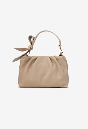 Poseta dama taupe din piele texturata cu ornament funda