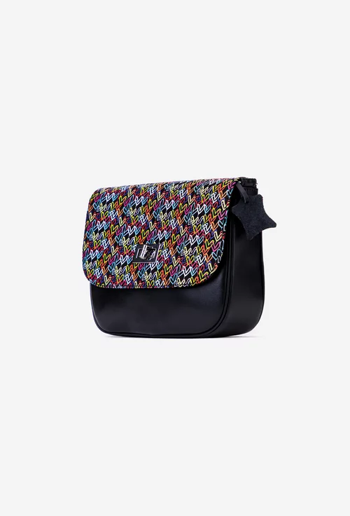 Poseta neagra din piele naturala cu imprimeu colorat