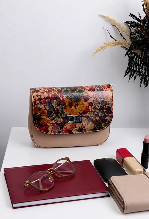 Poseta taupe din piele naturala cu imprimeu floral