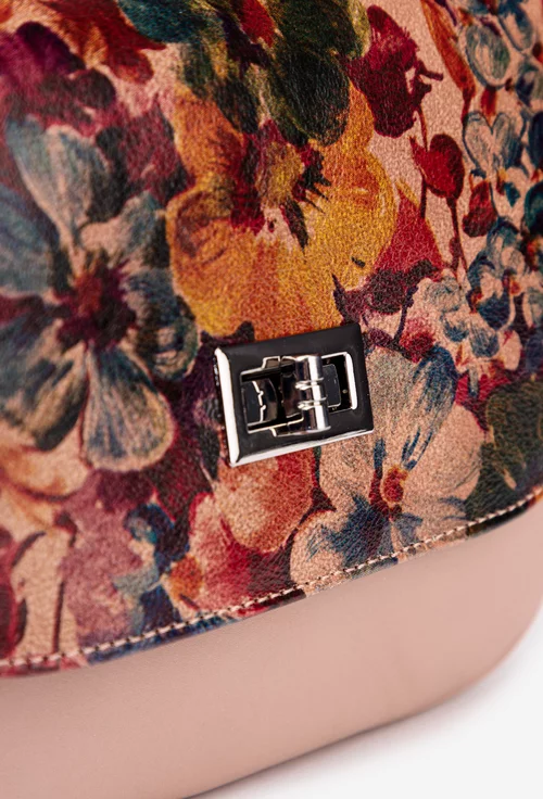 Poseta taupe din piele naturala cu imprimeu floral