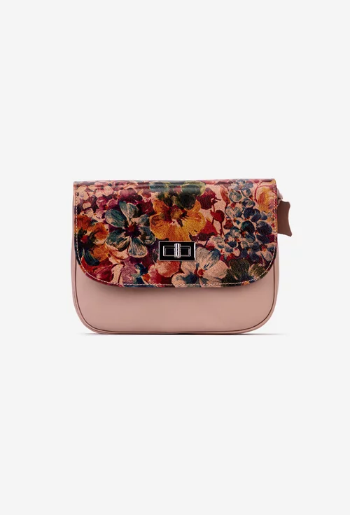 Poseta taupe din piele naturala cu imprimeu floral