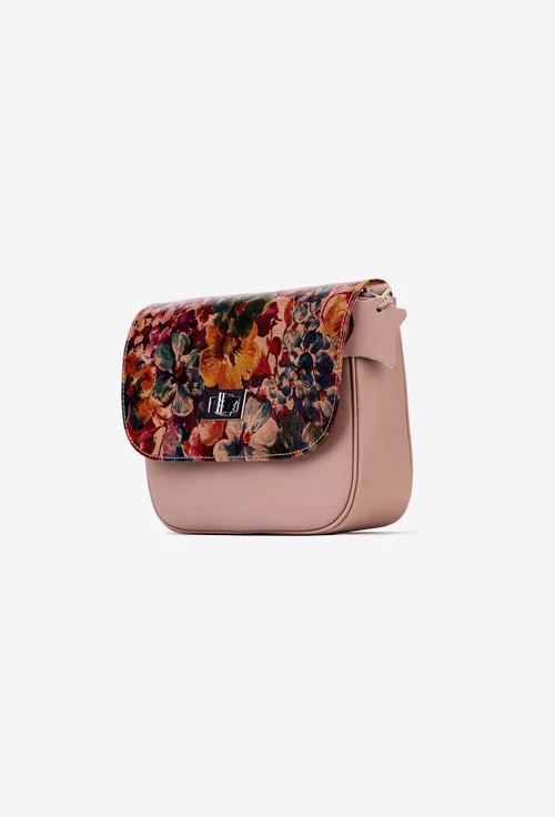 Poseta taupe din piele naturala cu imprimeu floral