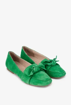 Balerini dama din piele intoarsa verde cu funda