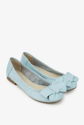 Balerini dama din piele naturala bleu cu funda