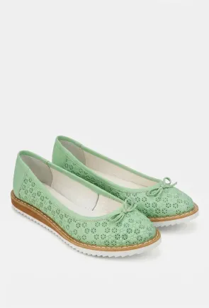 Balerini dama din piele perforata verde cu funda