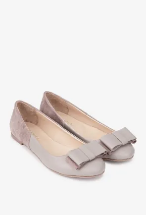Balerini dama taupe din doua tipuri de piele cu ornament funda