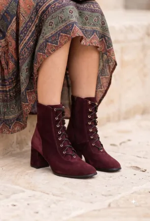 Botine dama bordo din piele intoarsa cu toc