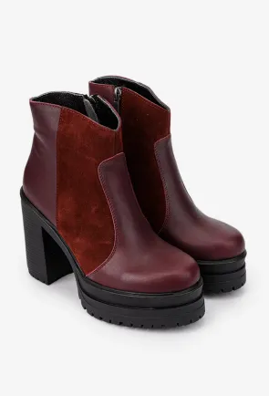 Botine dama burgundy din piele naturala si intoarsa