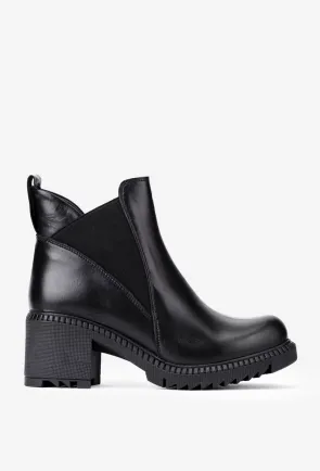 Botine dama negre din piele cu elastic in laterale