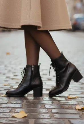 Botine dama negre din piele naturala cu siret
