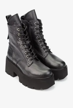Botine dama negre din piele texturata cu platforma