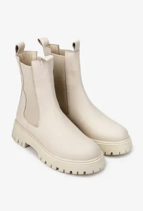 Botine dama NUR bej din piele naturala cu elastic in laterale