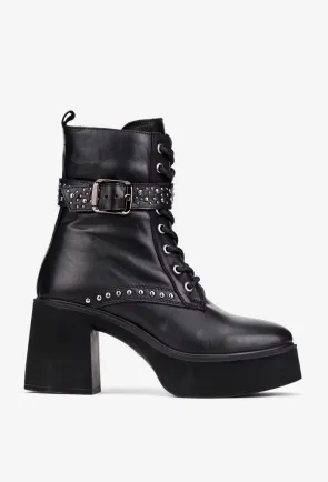 Botine dama NUR negre din piele cu toc gros