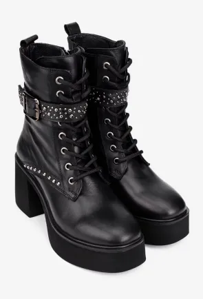 Botine dama NUR negre din piele cu toc gros