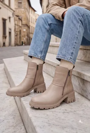 Botine dama NUR taupe din piele prevazute cu doua fermoare
