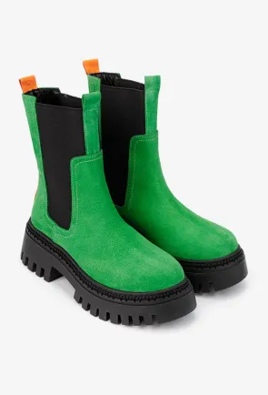 Botine dama verzi din piele intoarsa cu elastic negru
